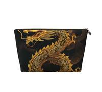 Leather Travel Makeup Bag with Chinese Golden Yellow Dragon Prints - Gold Zipper Waterproof Cosmetic Bags Toiletry Bag for Daily Use & Travel