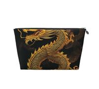 Leather Travel Makeup Bag with Chinese Golden Yellow Dragon Prints - Silver Zipper Waterproof Cosmetic Bags Toiletry Bag for Daily Use & Travel