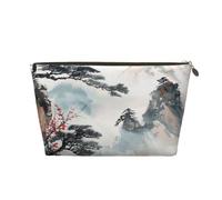 Leather Travel Makeup Bag with Chinese Landscape Painting Prints - Gold Zipper Waterproof Cosmetic Bags Toiletry Bag for Daily Use & Travel