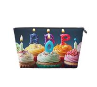 Leather Travel Makeup Bag with Colorful Happy Birthday Cupcakes Prints - Silver Zipper Waterproof Cosmetic Bags Toiletry Bag for Daily Use & Travel