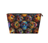 Leather Travel Makeup Bag with Colorful Sugar Skulls Prints - Gold Zipper Waterproof Cosmetic Bags Toiletry Bag for Daily Use & Travel