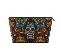 Leather Travel Makeup Bag with Colorful Sugar Skulls Prints - Gold Zipper Waterproof Cosmetic Bags Toiletry Bag for Daily Use & Travel