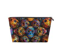 Leather Travel Makeup Bag with Colorful Sugar Skulls Prints - Silver Zipper Waterproof Cosmetic Bags Toiletry Bag for Daily Use & Travel