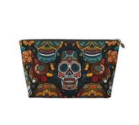 Leather Travel Makeup Bag with Colorful Sugar Skulls Prints - Silver Zipper Waterproof Cosmetic Bags Toiletry Bag for Daily Use & Travel