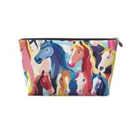 Leather Travel Makeup Bag with Colourful Cartoon Horses Prints - Gold Zipper Waterproof Cosmetic Bags Toiletry Bag for Daily Use & Travel