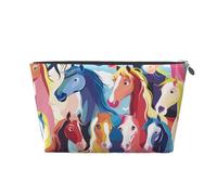 Leather Travel Makeup Bag with Colourful Cartoon Horses Prints - Silver Zipper Waterproof Cosmetic Bags Toiletry Bag for Daily Use & Travel