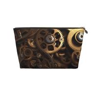 Leather Travel Makeup Bag with Cool Steampunk Gears Prints - Gold Zipper Waterproof Cosmetic Bags Toiletry Bag for Daily Use & Travel