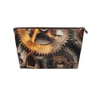 Leather Travel Makeup Bag with Cool Steampunk Gears Prints - Gold Zipper Waterproof Cosmetic Bags Toiletry Bag for Daily Use & Travel
