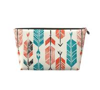 Leather Travel Makeup Bag with Coral and Teal Arrows Prints - Gold Zipper Waterproof Cosmetic Bags Toiletry Bag for Daily Use & Travel