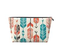 Leather Travel Makeup Bag with Coral and Teal Arrows Prints - Silver Zipper Waterproof Cosmetic Bags Toiletry Bag for Daily Use & Travel