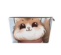 Leather Travel Makeup Bag with Cute Cartoon Cat Prints - Gold Zipper Waterproof Cosmetic Bags Toiletry Bag for Daily Use & Travel