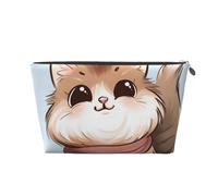 Leather Travel Makeup Bag with Cute Cartoon Cat Prints - Silver Zipper Waterproof Cosmetic Bags Toiletry Bag for Daily Use & Travel