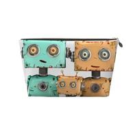 Leather Travel Makeup Bag with Cute Cartoon Robots Prints - Gold Zipper Waterproof Cosmetic Bags Toiletry Bag for Daily Use & Travel