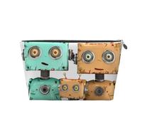 Leather Travel Makeup Bag with Cute Cartoon Robots Prints - Silver Zipper Waterproof Cosmetic Bags Toiletry Bag for Daily Use & Travel