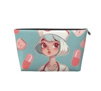 Leather Travel Makeup Bag with Cute Nurse Prints - Silver Zipper Waterproof Cosmetic Bags Toiletry Bag for Daily Use & Travel
