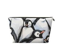 Leather Travel Makeup Bag with Cute Penguins Sketch Prints - Gold Zipper Waterproof Cosmetic Bags Toiletry Bag for Daily Use & Travel