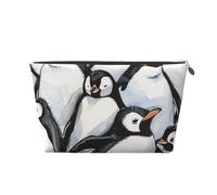 Leather Travel Makeup Bag with Cute Penguins Sketch Prints - Silver Zipper Waterproof Cosmetic Bags Toiletry Bag for Daily Use & Travel