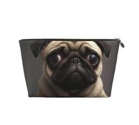 Leather Travel Makeup Bag with Cute Pretty Pug Dog Prints - Gold Zipper Waterproof Cosmetic Bags Toiletry Bag for Daily Use & Travel