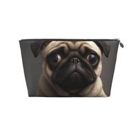 Leather Travel Makeup Bag with Cute Pretty Pug Dog Prints - Silver Zipper Waterproof Cosmetic Bags Toiletry Bag for Daily Use & Travel
