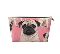 Leather Travel Makeup Bag with Cute Pug Dog Prints - Gold Zipper Waterproof Cosmetic Bags Toiletry Bag for Daily Use & Travel