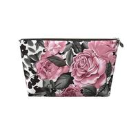 Leather Travel Makeup Bag with Cute Rose Mix Leopard Pattern Prints - Gold Zipper Waterproof Cosmetic Bags Toiletry Bag for Daily Use & Travel