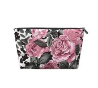 Leather Travel Makeup Bag with Cute Rose Mix Leopard Pattern Prints - Silver Zipper Waterproof Cosmetic Bags Toiletry Bag for Daily Use & Travel