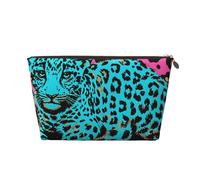 Leather Travel Makeup Bag with Cute Turquoise Leopard Prints - Gold Zipper Waterproof Cosmetic Bags Toiletry Bag for Daily Use & Travel