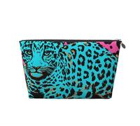 Leather Travel Makeup Bag with Cute Turquoise Leopard Prints - Silver Zipper Waterproof Cosmetic Bags Toiletry Bag for Daily Use & Travel