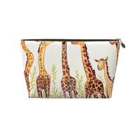 Leather Travel Makeup Bag with Cute Wild Cartoon Giraffes Prints - Gold Zipper Waterproof Cosmetic Bags Toiletry Bag for Daily Use & Travel