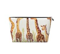 Leather Travel Makeup Bag with Cute Wild Cartoon Giraffes Prints - Silver Zipper Waterproof Cosmetic Bags Toiletry Bag for Daily Use & Travel