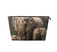 Leather Travel Makeup Bag with Elephant Family Prints - Gold Zipper Waterproof Cosmetic Bags Toiletry Bag for Daily Use & Travel