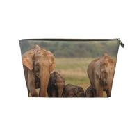 Leather Travel Makeup Bag with Elephant Family Prints - Gold Zipper Waterproof Cosmetic Bags Toiletry Bag for Daily Use & Travel