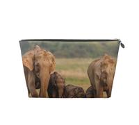 Leather Travel Makeup Bag with Elephant Family Prints - Silver Zipper Waterproof Cosmetic Bags Toiletry Bag for Daily Use & Travel