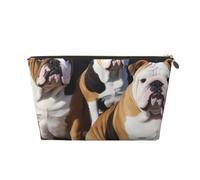 Leather Travel Makeup Bag with English Bulldogs Prints - Gold Zipper Waterproof Cosmetic Bags Toiletry Bag for Daily Use & Travel