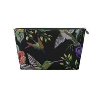 Leather Travel Makeup Bag with Flower Hummingbirds Embroidery Prints - Silver Zipper Waterproof Cosmetic Bags Toiletry Bag for Daily Use & Travel