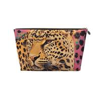 Leather Travel Makeup Bag with Fun Leopard Print Prints - Gold Zipper Waterproof Cosmetic Bags Toiletry Bag for Daily Use & Travel