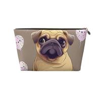 Leather Travel Makeup Bag with Funny Cartoon Pug Puppy Dog Prints - Gold Zipper Waterproof Cosmetic Bags Toiletry Bag for Daily Use & Travel