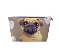 Leather Travel Makeup Bag with Funny Cartoon Pug Puppy Dog Prints - Silver Zipper Waterproof Cosmetic Bags Toiletry Bag for Daily Use & Travel