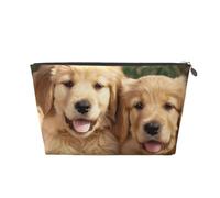 Leather Travel Makeup Bag with Golden Retriever Dogs Puppies Pets Prints - Silver Zipper Waterproof Cosmetic Bags Toiletry Bag for Daily Use & Travel