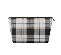 Leather Travel Makeup Bag with Gray Plaid Lines Prints - Gold Zipper Waterproof Cosmetic Bags Toiletry Bag for Daily Use & Travel