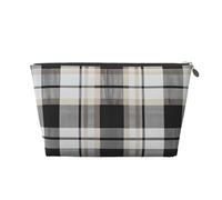 Leather Travel Makeup Bag with Gray Plaid Lines Prints - Silver Zipper Waterproof Cosmetic Bags Toiletry Bag for Daily Use & Travel