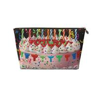 Leather Travel Makeup Bag with Happy Birthday Big Cake Prints - Gold Zipper Waterproof Cosmetic Bags Toiletry Bag for Daily Use & Travel