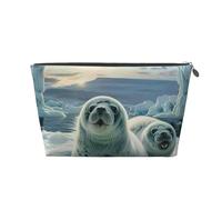 Leather Travel Makeup Bag with Harp Seal Painting Wallpaper Prints - Silver Zipper Waterproof Cosmetic Bags Toiletry Bag for Daily Use & Travel