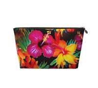 Leather Travel Makeup Bag with Hawaiian Colorful Flower Prints - Gold Zipper Waterproof Cosmetic Bags Toiletry Bag for Daily Use & Travel