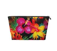 Leather Travel Makeup Bag with Hawaiian Colorful Flower Prints - Silver Zipper Waterproof Cosmetic Bags Toiletry Bag for Daily Use & Travel