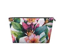 Leather Travel Makeup Bag with Hawaiian Flower Art Print Prints - Silver Zipper Waterproof Cosmetic Bags Toiletry Bag for Daily Use & Travel