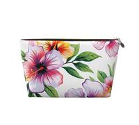 Leather Travel Makeup Bag with Hawaiian Flower Print 1 Prints - Gold Zipper Waterproof Cosmetic Bags Toiletry Bag for Daily Use & Travel