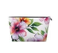 Leather Travel Makeup Bag with Hawaiian Flower Print 1 Prints - Silver Zipper Waterproof Cosmetic Bags Toiletry Bag for Daily Use & Travel