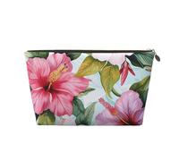 Leather Travel Makeup Bag with Hawaiian Flowers Print Prints - Gold Zipper Waterproof Cosmetic Bags Toiletry Bag for Daily Use & Travel