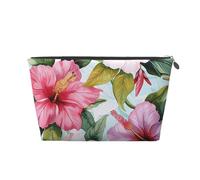 Leather Travel Makeup Bag with Hawaiian Flowers Print Prints - Silver Zipper Waterproof Cosmetic Bags Toiletry Bag for Daily Use & Travel